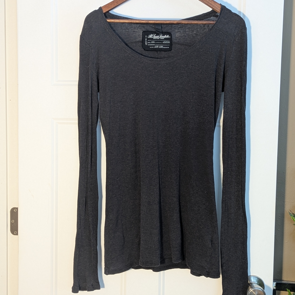 All Saints Dark Gray/Black Long Sleeve Tee. 100% Cotton.